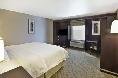 a hotel room with a bed and a desk at Hampton Inn & Suites - Elyria in Elyria