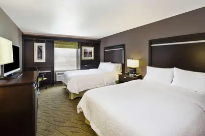 a hotel room with two beds and a flat screen tv at Hampton Inn & Suites - Elyria in Elyria