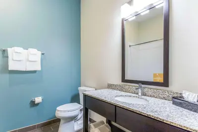 a bathroom with a toilet and a sink with a mirror at Sleep Inn Winfield - Teays Valley in Hurricane