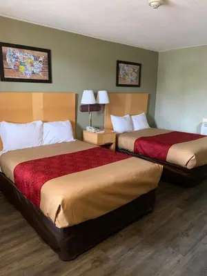 a hotel room with two beds and a lamp at FALLS INN in Newton Falls