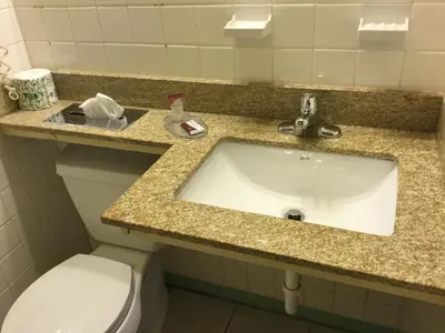 a bathroom with a sink and a toilet at FALLS INN in Newton Falls