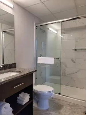 a bathroom with a toilet and a glass shower at Ariel Broadway Hotel in Lorain