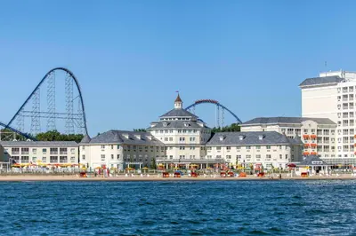 a view of a city from the water at Cedar Point Hotel Breakers in Sandusky