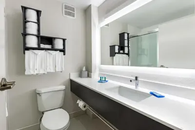 a bathroom with a sink and a toilet and a mirror at Holiday Inn Express - Columbus Downtown by IHG in Columbus
