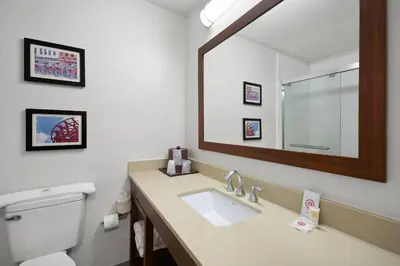 a bathroom with a toilet and a sink and a mirror at Comfort Inn & Suites Cincinnati Eastgate in Eastgate