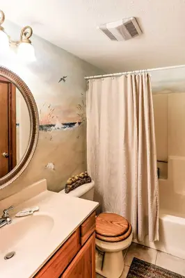 a bathroom with a toilet and a sink and a mirror at Waterfront Port Clinton Condo with Pool Access! in Port Clinton