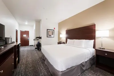 a hotel room with a large bed and a television at Cobblestone Hotel & Suites - Urbana in Urbana