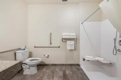 a white bathroom with a toilet and a shower at Cobblestone Hotel & Suites - Urbana in Urbana