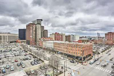 an aerial view of a city with a parking lot at Dtwn Cleveland Loft-Style Condo Walk to Stadiums! in Cleveland