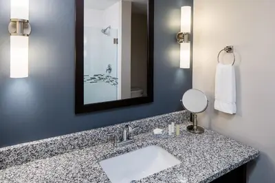 a bathroom with a sink and a mirror at Kent State University Hotel and Conference Center in Kent