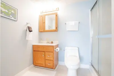 a bathroom with a toilet and a sink and a mirror at Country Lodge for 18, With Pool and Pond, Near Ark in Williamstown