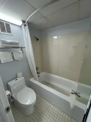 a bathroom with a toilet and a tub and a sink at Sprucewood Inn in Elyria