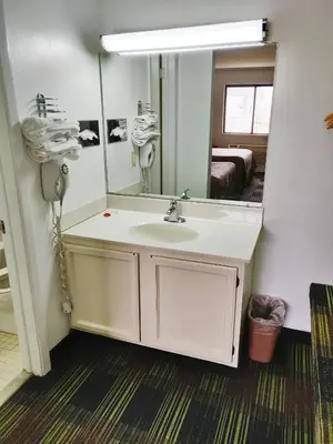 a bathroom with a sink and a mirror at Sprucewood Inn in Elyria