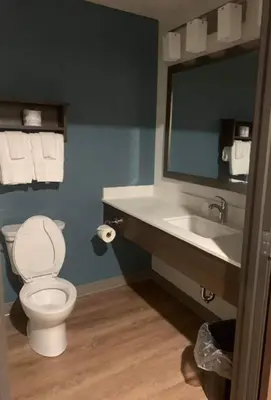 a bathroom with a toilet and a sink and a mirror at WoodSpring Suites Columbus Urbancrest in Grove City