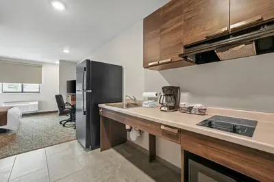 a kitchen with a sink and a refrigerator in a room at My Place Hotel-Marion, OH in Marion