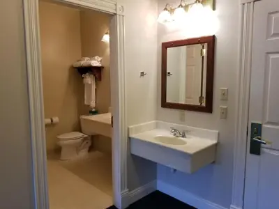 a bathroom with a sink and a toilet and a mirror at Inn at Amish Door in Wilmot