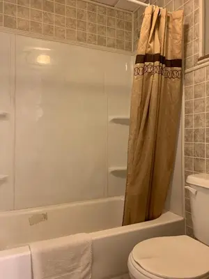 a bathroom with a toilet and a shower curtain at St. Mary’s Motel in Saint Marys