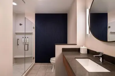 a bathroom with a sink and a toilet and a mirror at Fairfield Inn & Suites by Marriott Cleveland Tiedeman Road in Brooklyn