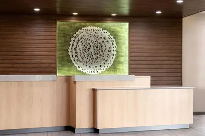 a lobby with a painting on the wall at Fairfield Inn & Suites by Marriott Cleveland Tiedeman Road in Brooklyn