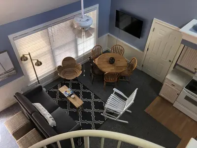 an overhead view of a living room with a table and chairs at Chapman House in Put-in-Bay