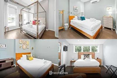two pictures of a bedroom with two beds and a mirror at 4 Apartments, Downtown, Walk to Cincy Stadiums! in Covington