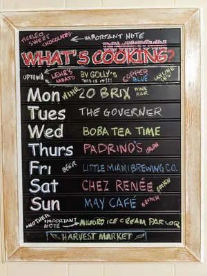 a chalkboard sign with many different words on it at The Estate Loft in Downtown Milford in Milford