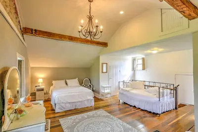 a bedroom with two beds and a chandelier at Historic Ottawa Lake House Deck, Barn and 96 Acres! in Sylvania