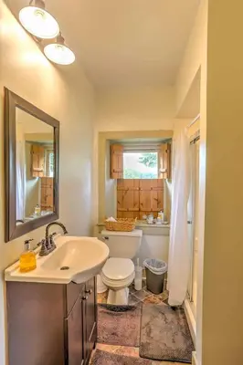 a bathroom with a sink and a toilet and a mirror at Historic Ottawa Lake House Deck, Barn and 96 Acres! in Sylvania