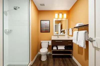 a bathroom with a toilet and a sink and a shower at TownePlace Suites by Marriott Ironton in Ironton