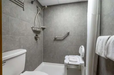 a bathroom with a toilet and a shower at Super 8 by Wyndham Perrysburg-Toledo in Perrysburg