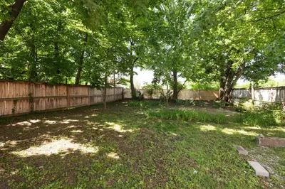 a yard with trees and a wooden fence at Home STEPS from Oberlin in Oberlin