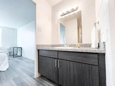 a bathroom with a sink and a large mirror at Sleepover Downtown Cincinnati 1BD 1BA Apartments in Cincinnati
