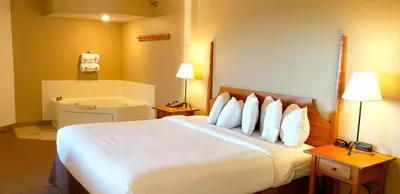 a hotel room with a large white bed with pillows at Berlin Heritage Inn in Berlin