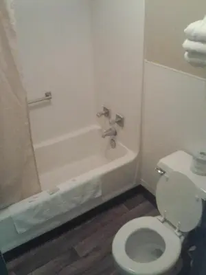 a bathroom with a white toilet and a bath tub at Xenia Country Inn in Xenia