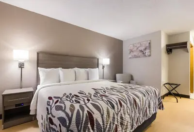 a hotel room with a bed and a chair at Red Roof Inn Lawrenceburg in Lawrenceburg