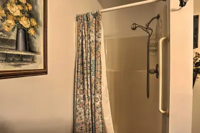 a shower in a bathroom with a shower curtain at Southeast Michigan Escape about 3 Mi to Adrian! in Adrian
