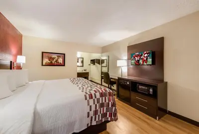 a hotel room with a bed and a desk at Red Roof Inn Marion, IN in Marion