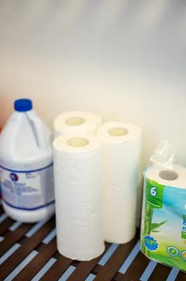 a group of rolls of toilet paper and a jug of milk at Georgetown Villas 3-2c Close to Cleveland Airport and Fairview Hospital ideal for long stays! in Fairview Park