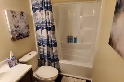 a bathroom with a toilet and a shower at Pet Friendly Home with Fenced in Yard in Bethany