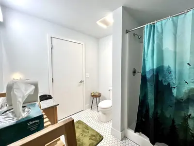 a bathroom with a shower curtain and a toilet at Swanky loft at Historic Peters Cartridge Factory in Maineville