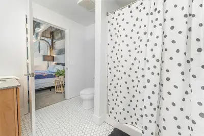 a bathroom with a shower with a toilet and a bedroom at The Coolest Loft in the Cincinnati Area in Maineville