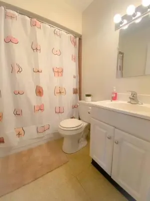 a bathroom with a shower curtain with a toilet and a sink at Cozy Two Bedroom Apartment in the City Center in Trenton