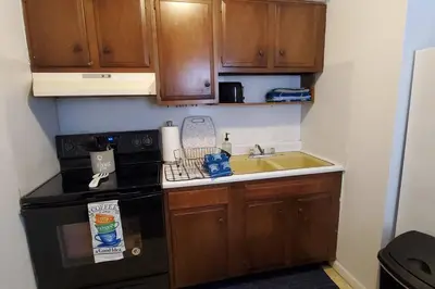 a small kitchen with a stove and a sink at Trenton's Apartment on First in Trenton