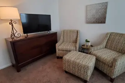 a living room with two chairs and a flat screen tv at Trenton's Apartment on First in Trenton