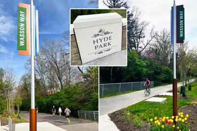 a collage of photos of a park with people riding a bike at Cozy Cottage in the Heart of Hyde Park home in Cincinnati