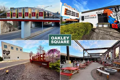 a collage of photos of a city with a bridge and benches at Cozy Cottage in the Heart of Hyde Park home in Cincinnati