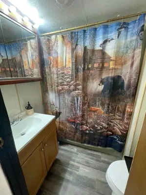 a bathroom with a shower curtain and a sink at Sheppard's Holler in Parsley