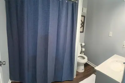 a bathroom with a blue shower curtain and a toilet at Comfortable Two Bedroom on Royal in Springboro in Springboro