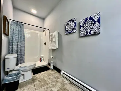 a bathroom with a white toilet and a shower at Newly Renovated Historic mansion ☆ 8 Bedrooms in Hamilton