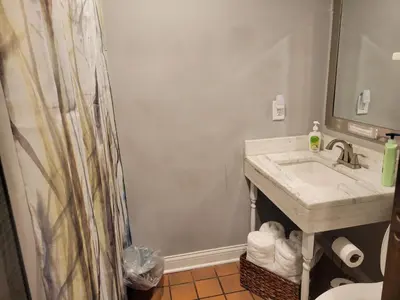 a bathroom with a sink and a shower curtain at Fresh Modern Industrial split level in Cincinnati